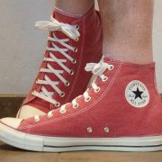2017 Red Stonewashed High Top Chucks  Wearing 2017 stonewashed red high tops, left view 2.
